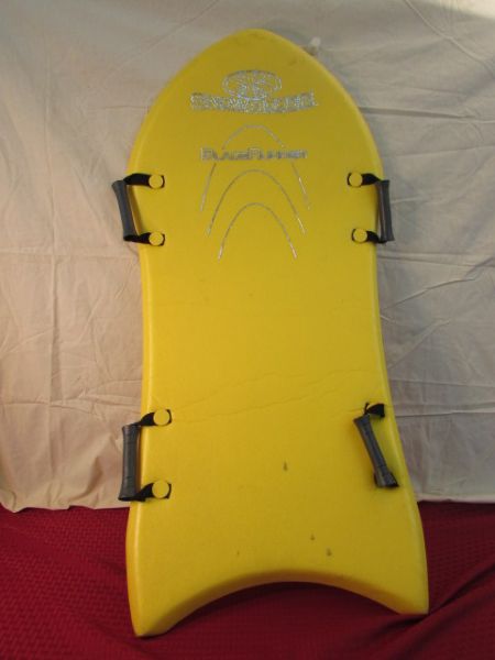 SNOW BOOGIE BOARD AND TWO TOBOGGANS