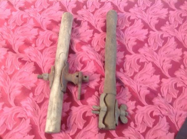 TWO  PRIMITIVE TWO MAN CROSSCUT SAW BLADES  WITH TWO HANDLES