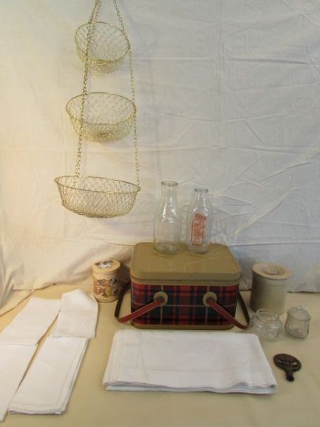 PICNIC IN VINTAGE STYLE - TIN PICNIC BASKET, LINED TABLECLOTH & NAPKINS, CRYSTAL DISH, OLD CROCK  MILK JUGS