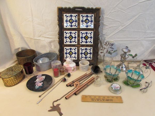 VINTAGE WOODEN TRAY WITH TILE, OCCUPIED JAPAN CERAMICS, SILVER CANDLE STYLE LAP, COPPER WINDCHIME & MORE