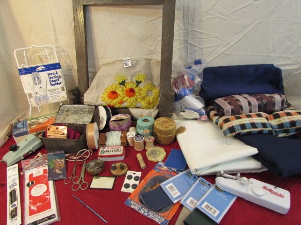 SEWING NOTIONS, LOOM, ANTIQUE SILVER THIMBLE & MORE