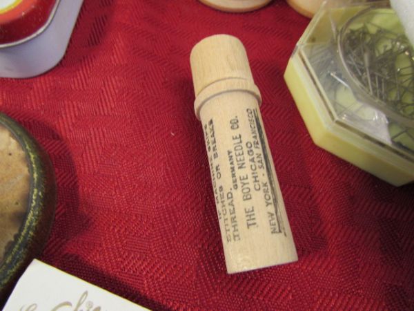 SEWING NOTIONS, LOOM, ANTIQUE SILVER THIMBLE & MORE