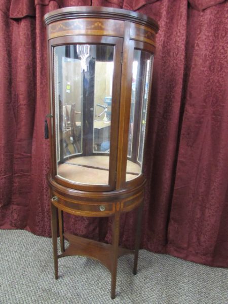 ANTIQUE INLAID VITRINE BOW FRONT CURIO CABINET