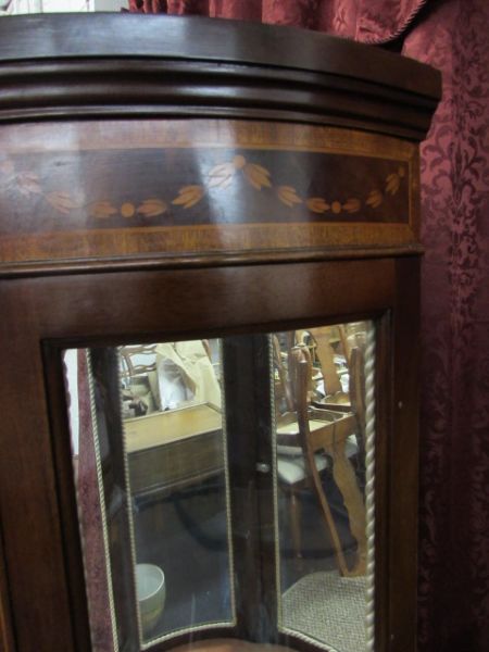ANTIQUE INLAID VITRINE BOW FRONT CURIO CABINET