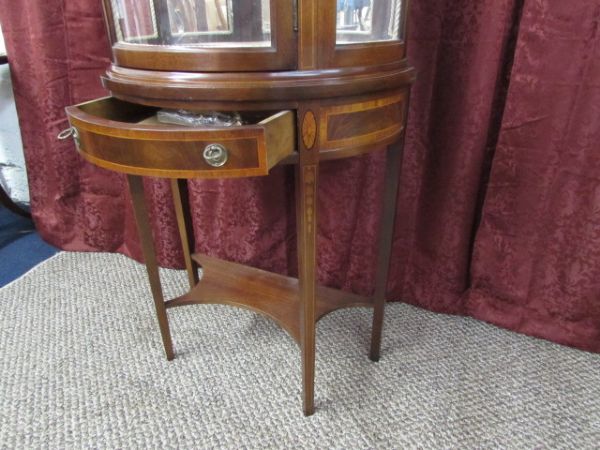 ANTIQUE INLAID VITRINE BOW FRONT CURIO CABINET