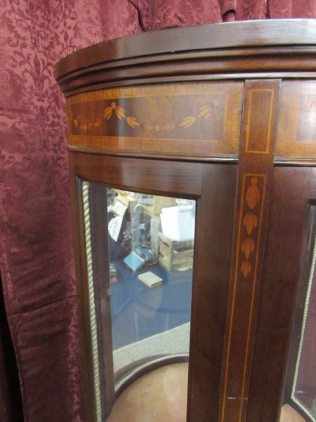 ANTIQUE INLAID VITRINE BOW FRONT CURIO CABINET