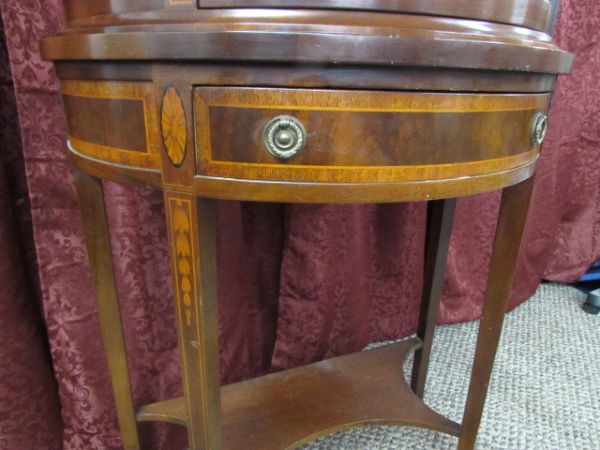 ANTIQUE INLAID VITRINE BOW FRONT CURIO CABINET