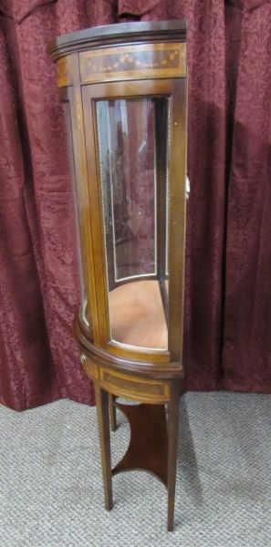 ANTIQUE INLAID VITRINE BOW FRONT CURIO CABINET