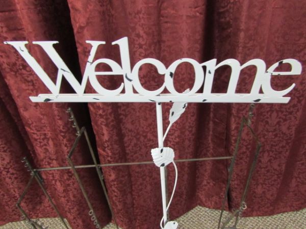 ANTIQUED METAL DISPLAY RACK & WELCOME STAKES
