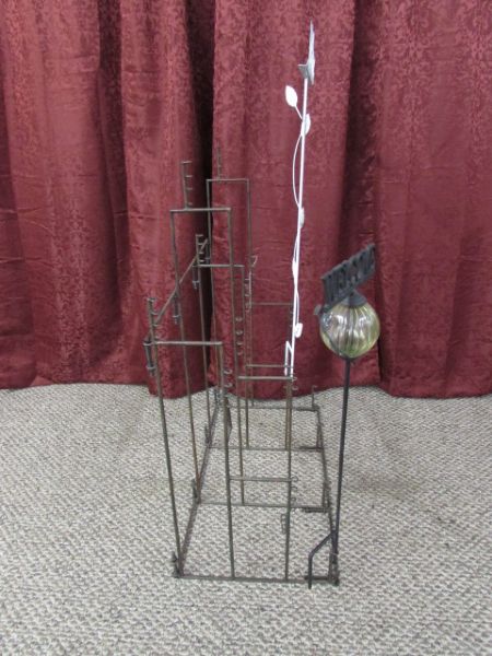 ANTIQUED METAL DISPLAY RACK & WELCOME STAKES