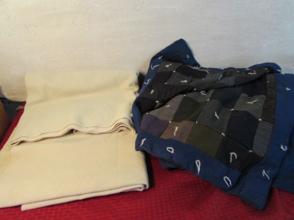 TWO CREAM ARMY TYPE BLANKETS, VINTAGE TIED QUILT