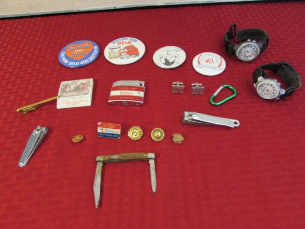 MEN'S VALET VARIETY LOT-POCKET KNIFE, WINSTON LIGHTER, PINS & MORE