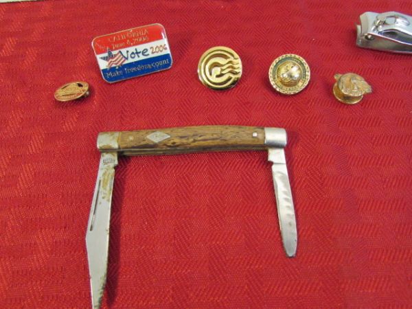 MEN'S VALET VARIETY LOT-POCKET KNIFE, WINSTON LIGHTER, PINS & MORE