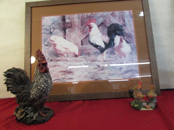 CUSTOM FRAMED ROOSTER PRINT & ROOSTER FIGURINES