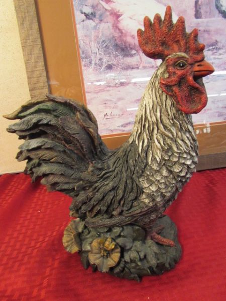 CUSTOM FRAMED ROOSTER PRINT & ROOSTER FIGURINES