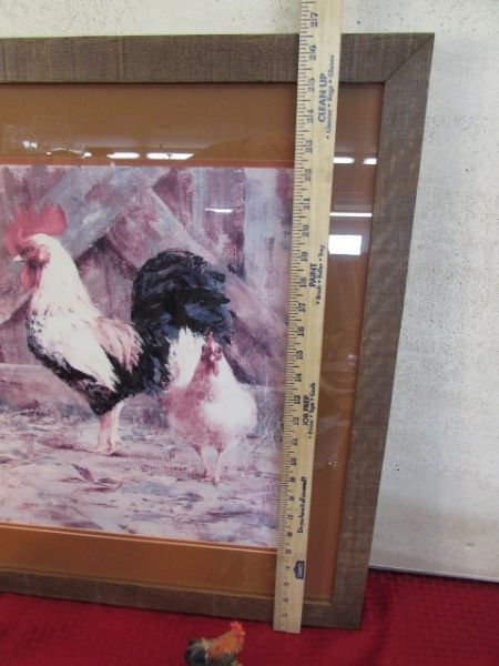 CUSTOM FRAMED ROOSTER PRINT & ROOSTER FIGURINES