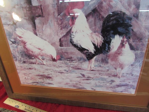 CUSTOM FRAMED ROOSTER PRINT & ROOSTER FIGURINES