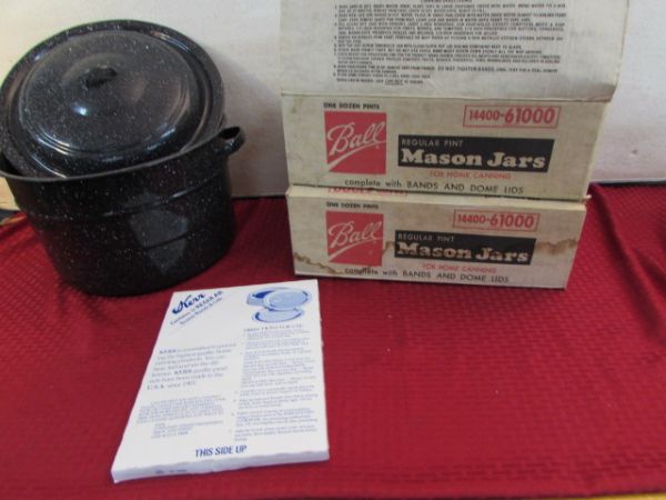 ENAMEL KETTLE WITH JAR RACK & TWO BOXES OF  JARS WITH LIDS