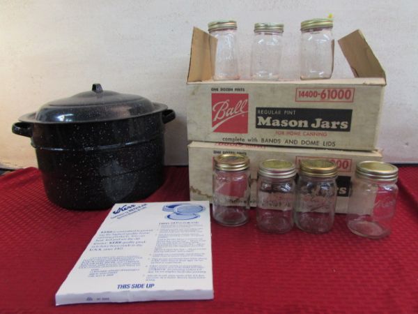 ENAMEL KETTLE WITH JAR RACK & TWO BOXES OF  JARS WITH LIDS