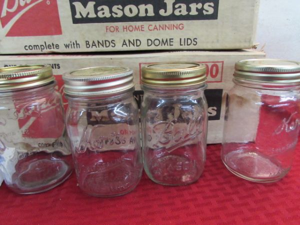 ENAMEL KETTLE WITH JAR RACK & TWO BOXES OF  JARS WITH LIDS