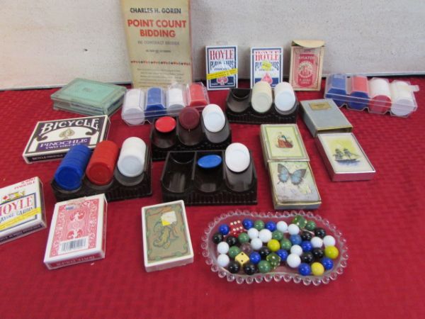 GAMING VARIETY LOT - CARDS, CHIPS, DICE & MARBLES