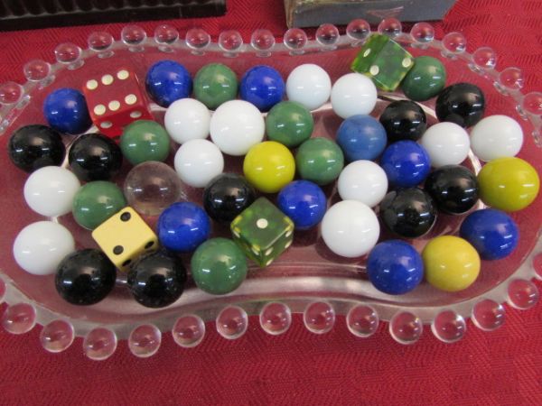 GAMING VARIETY LOT - CARDS, CHIPS, DICE & MARBLES