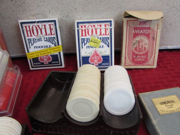 GAMING VARIETY LOT - CARDS, CHIPS, DICE & MARBLES