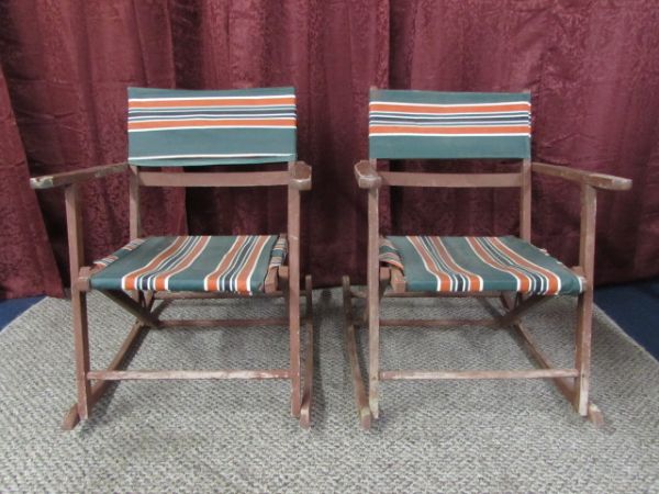 VINTAGE FOLDING CANVAS & WOOD PORCH ROCKERS