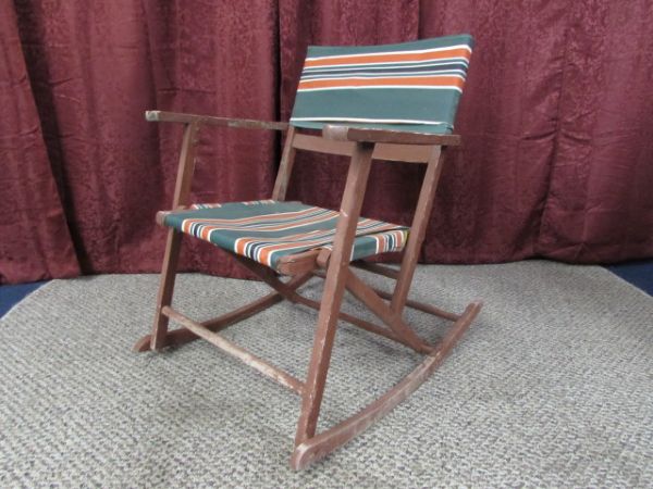 VINTAGE FOLDING CANVAS & WOOD PORCH ROCKERS