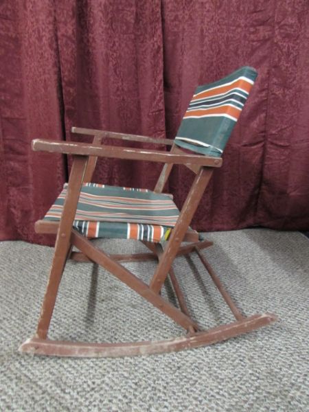 VINTAGE FOLDING CANVAS & WOOD PORCH ROCKERS