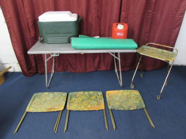 VINTAGE METAL TV TRAYS, FOLDING PICNIC TABLE & A TARP