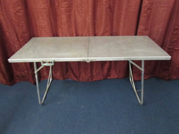 VINTAGE METAL TV TRAYS, FOLDING PICNIC TABLE & A TARP