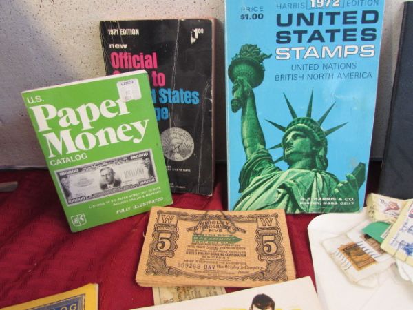 EPHEMERA COLLECTION - BLUE & GREEN CHIP STAMPS, U.S. STAMPS, POSTCARDS, WAR RATION BOOKS & MORE