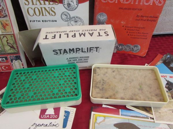 EPHEMERA COLLECTION - BLUE & GREEN CHIP STAMPS, U.S. STAMPS, POSTCARDS, WAR RATION BOOKS & MORE