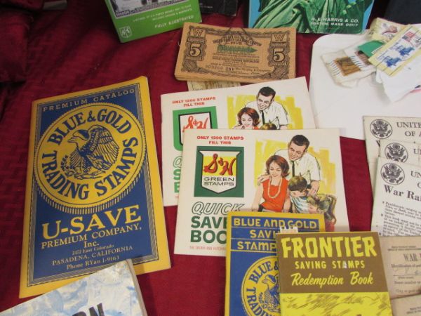 EPHEMERA COLLECTION - BLUE & GREEN CHIP STAMPS, U.S. STAMPS, POSTCARDS, WAR RATION BOOKS & MORE