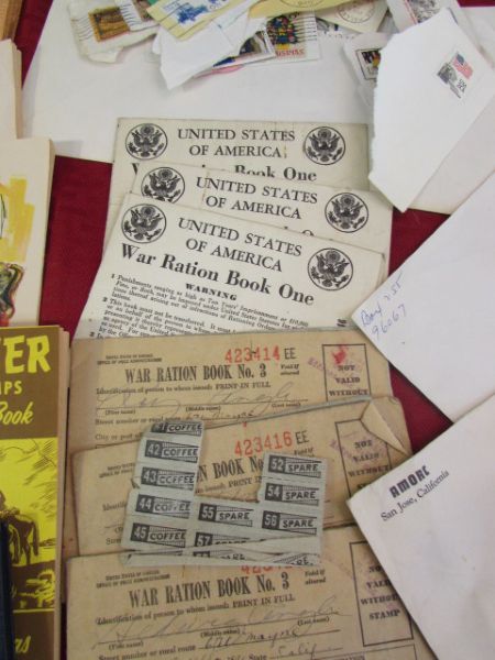 EPHEMERA COLLECTION - BLUE & GREEN CHIP STAMPS, U.S. STAMPS, POSTCARDS, WAR RATION BOOKS & MORE