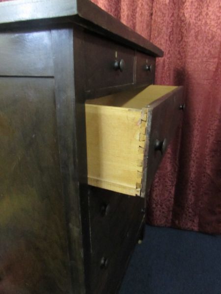 ANTIQUE DRESSER WITH ATTACHED PIVOTING MIRROR