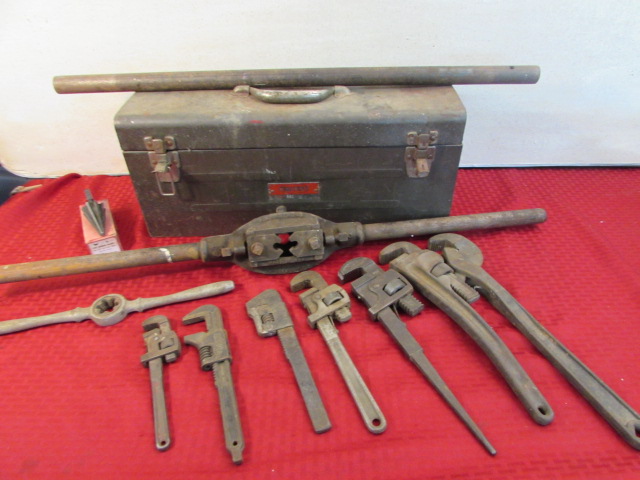 Lot Detail - VINTAGE PIPE WRENCHES, PIPE THREADER, TOOL BOX