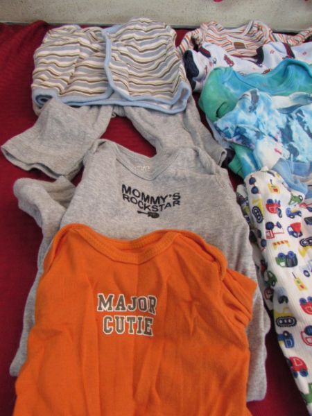0-3 MONTHS BOY'S ONESIES, FOOTED P.j'S & CAMMO PANTS ETC.