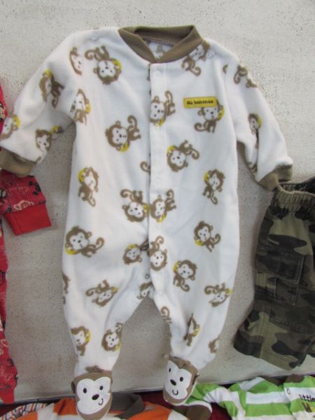 0-3 MONTHS BOY'S ONESIES, FOOTED P.j'S & CAMMO PANTS ETC.