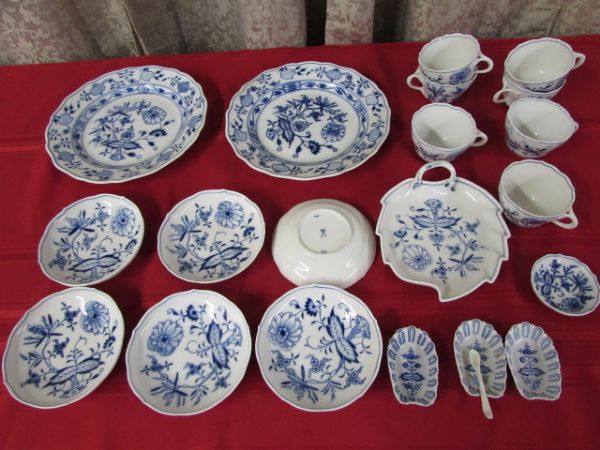 VINTAGE BLUE & WHITE DISHES WITH WISHBONE MAKERS MARK