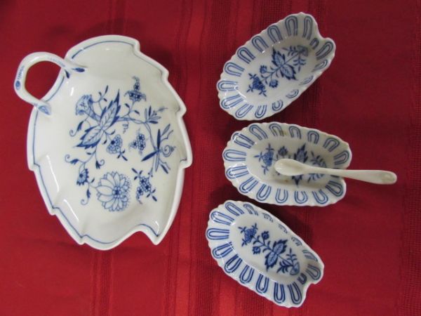 VINTAGE BLUE & WHITE DISHES WITH WISHBONE MAKERS MARK