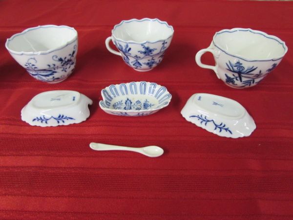 VINTAGE BLUE & WHITE DISHES WITH WISHBONE MAKERS MARK