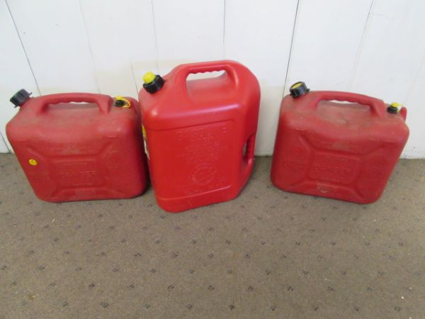 THREE PLASTIC 5 GALLON GAS CANS WITH CAPS & SPOUTS