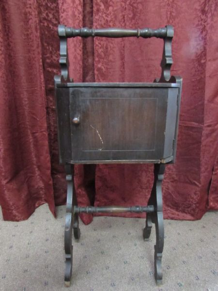 ANTIQUE PIPE STAND CABINET & ROUND CURIO TABLE