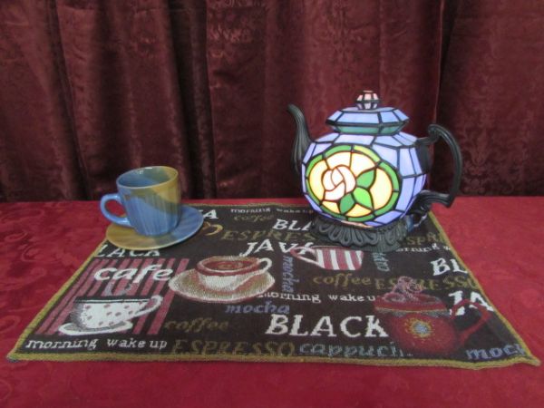 STAINED GLASS TEAPOT LIGHT, POTTERY CUP WITH SAUCER 