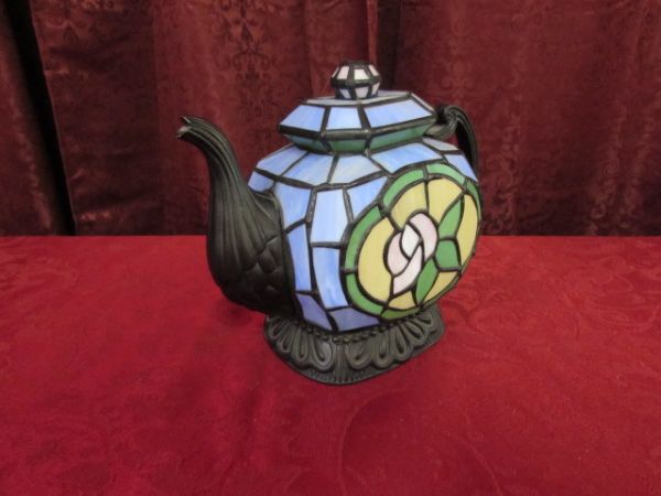 STAINED GLASS TEAPOT LIGHT, POTTERY CUP WITH SAUCER 