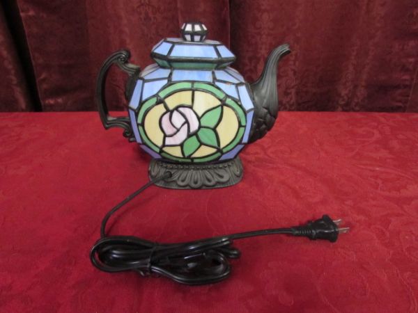 STAINED GLASS TEAPOT LIGHT, POTTERY CUP WITH SAUCER 