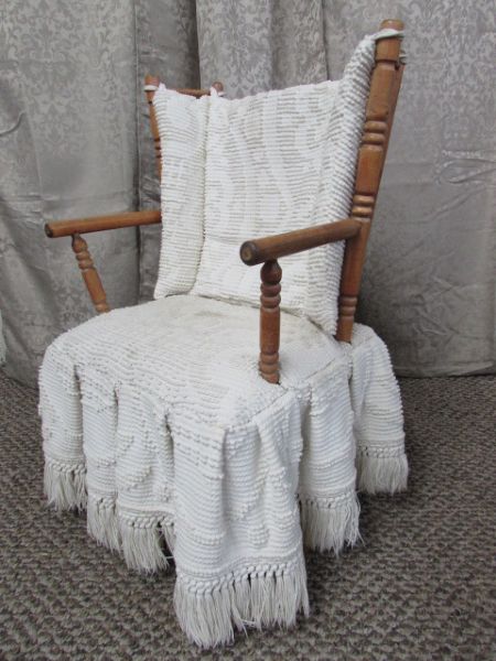 VINTAGE WOODEN CHILD'S ROCKER WITH CHENILLE COVER