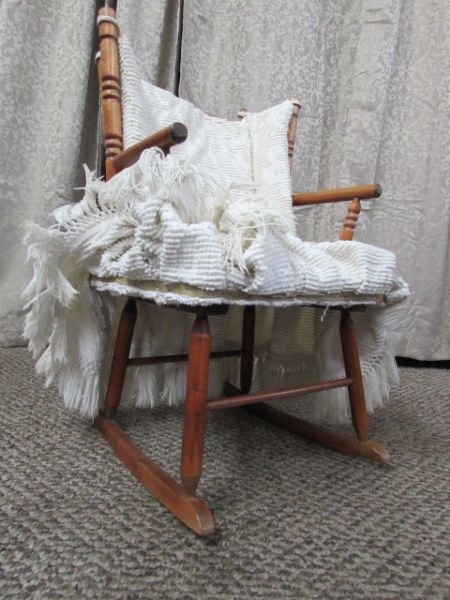 VINTAGE WOODEN CHILD'S ROCKER WITH CHENILLE COVER